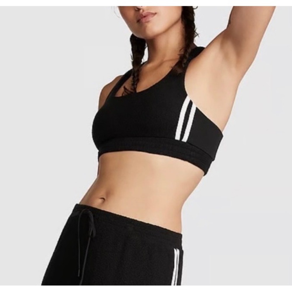 Victoria's Secret PINK Sherpa Sports Bra Black White Stripe Racerback Medium NEW